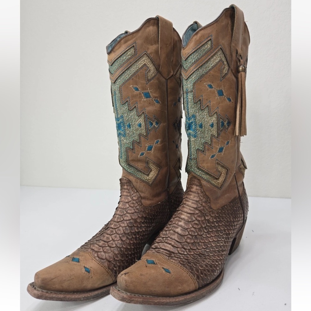 Corral Vintage Boots C2693 Python Aztec Indian Teal Brown Size 8.5M Womens - Picture 2 of 14